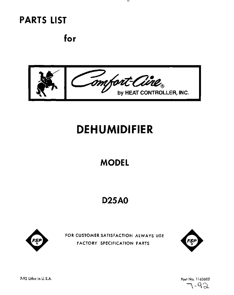 SECTION Diagram and Parts List for D25A0  Whirlpool Dehumidifier