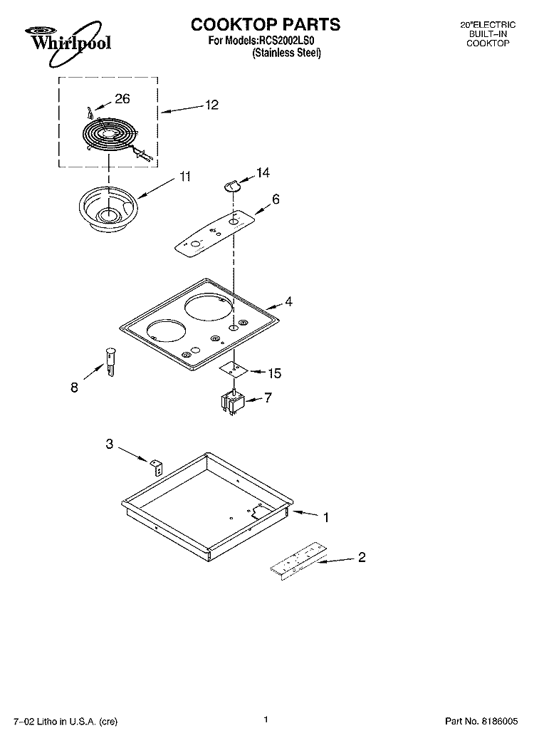 SECTION Diagram and Parts List for RCS2002LS0  Whirlpool Cooktop
