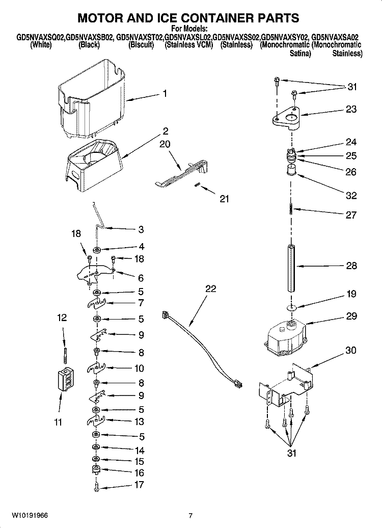 MOTOR AND ICE CONTAINER PARTS Diagram and Parts List for GD5NVAXSA02  Whirlpool Refrigerator