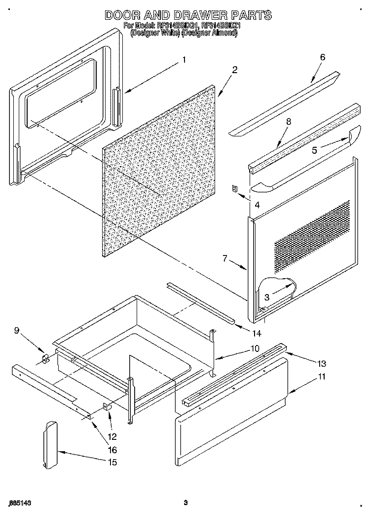 DOOR AND DRAWER Diagram and Parts List for RF314BBDZ1  Whirlpool Range