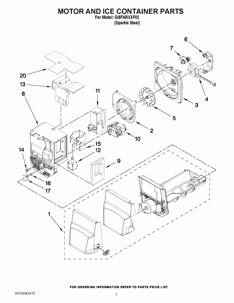 MOTOR AND ICE CONTAINER PARTS Diagram and Parts List for GI6FARXXF02  Whirlpool Refrigerator
