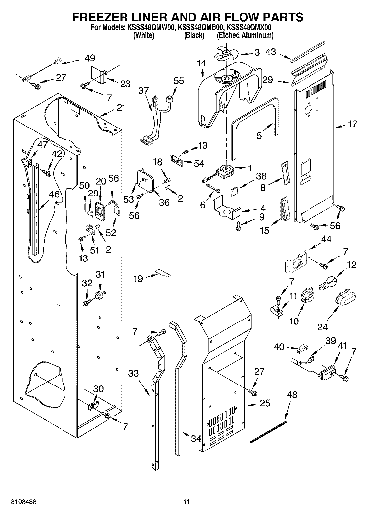 FREEZER LINER AND AIR FLOW PARTS Diagram and Parts List for KSSS48QMW00  KitchenAid Refrigerator