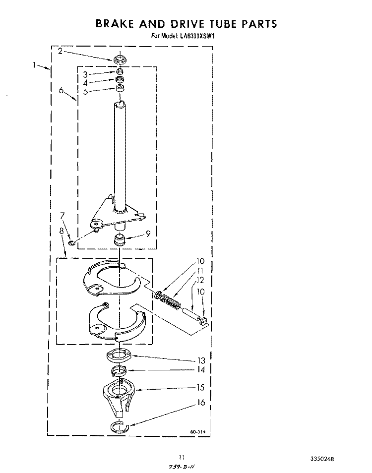 BRAKE AND DRIVE TUBE Diagram and Parts List for LA6300XSW1  Whirlpool Washer