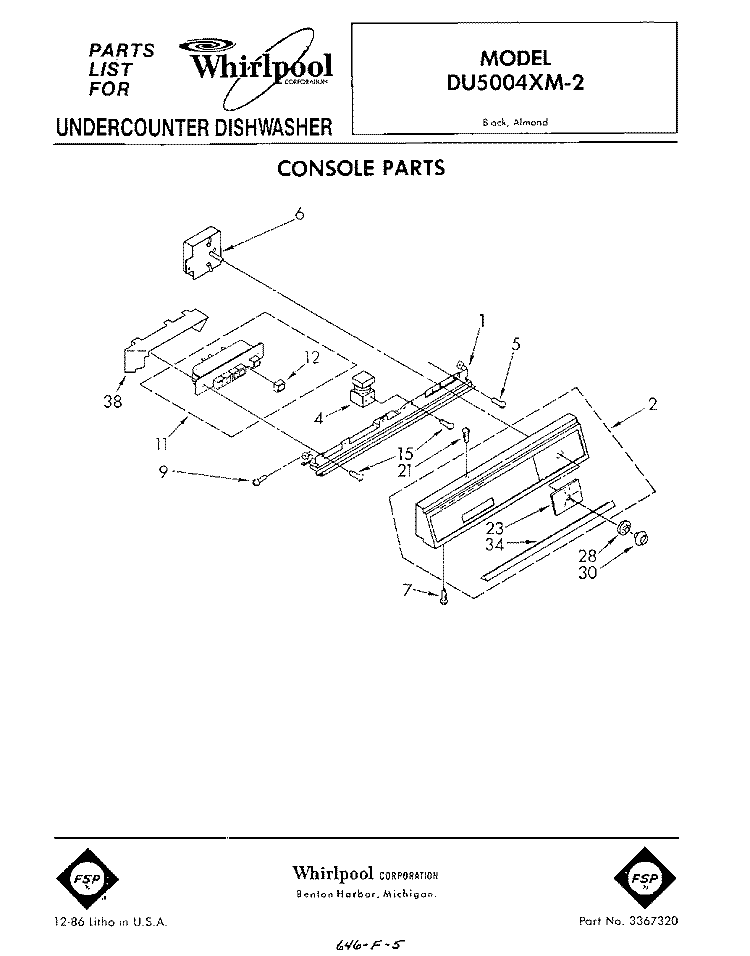 CONSOLE Diagram and Parts List for DU5004XM2  Whirlpool Dishwasher