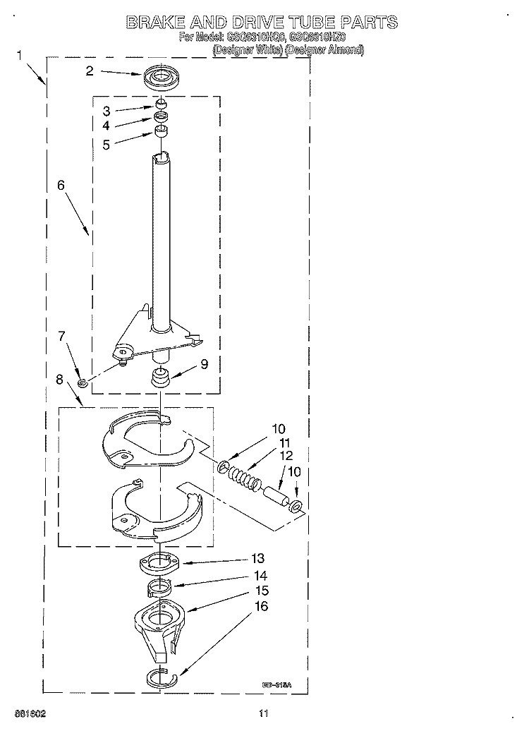 BRAKE AND DRIVE TUBE Diagram and Parts List for GSQ9310HQ0  Whirlpool Washer