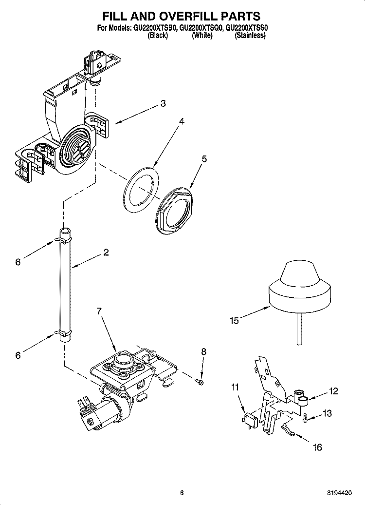FILL AND OVERFILL PARTS Diagram and Parts List for GU2200XTSB0  Whirlpool Dishwasher