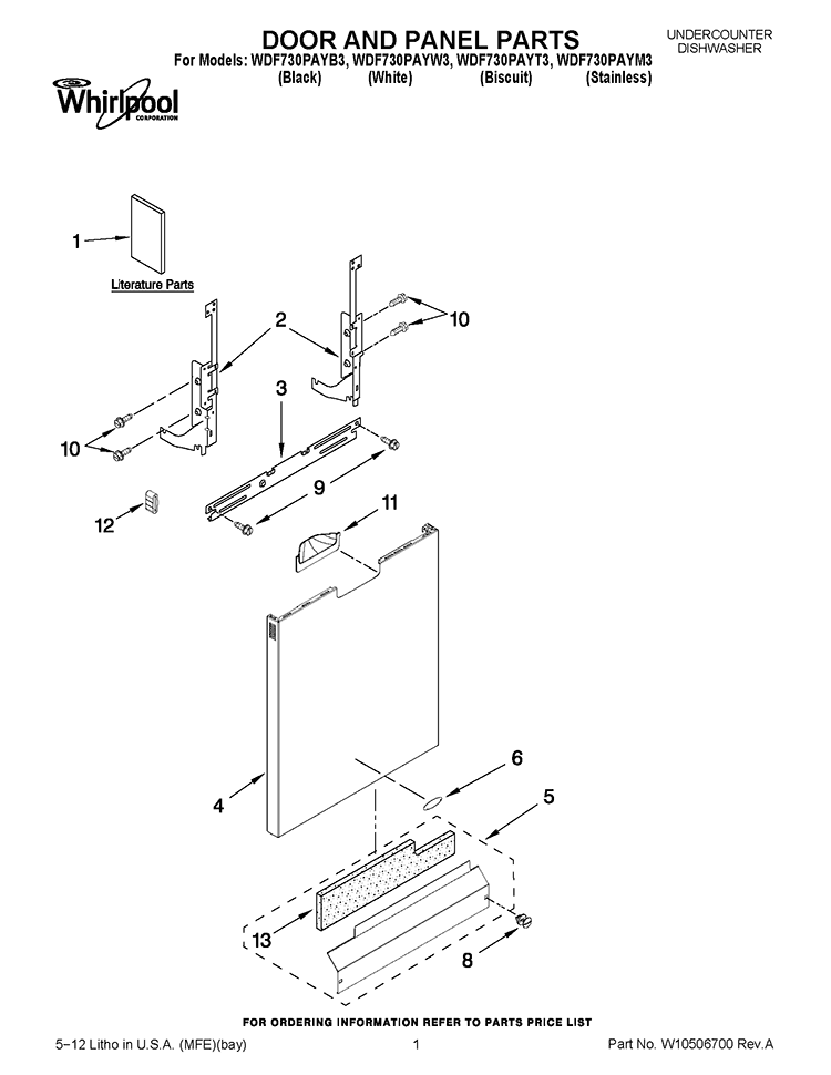 DOOR AND PANEL PARTS Diagram and Parts List for WDF730PAYB3  Whirlpool Dishwasher
