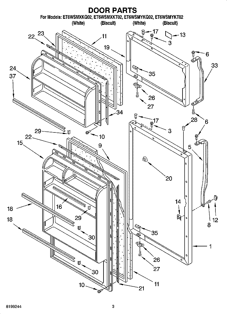 DOOR PARTS Diagram and Parts List for ET6WSMYKT02  Whirlpool Refrigerator