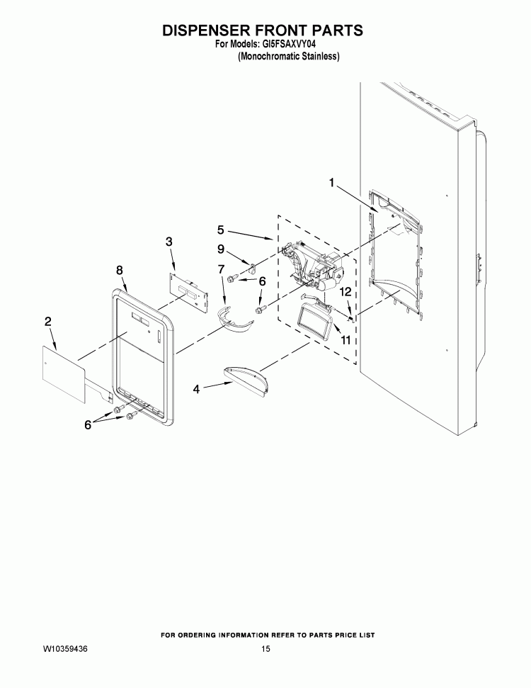 DISPENSER FRONT PARTS Diagram and Parts List for GI5FSAXVY04  Whirlpool Refrigerator