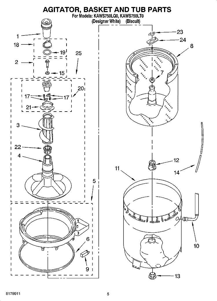 AGITATOR, BASKET AND TUB PARTS Diagram and Parts List for KAWS750LQ0  KitchenAid Washer
