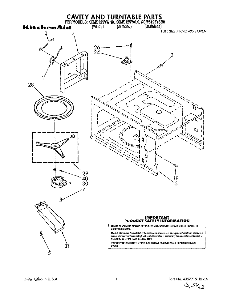 CAVITY AND TURNTABLE, LIT/OPTIONAL Diagram and Parts List for KCMS125YWH0  KitchenAid Microwave