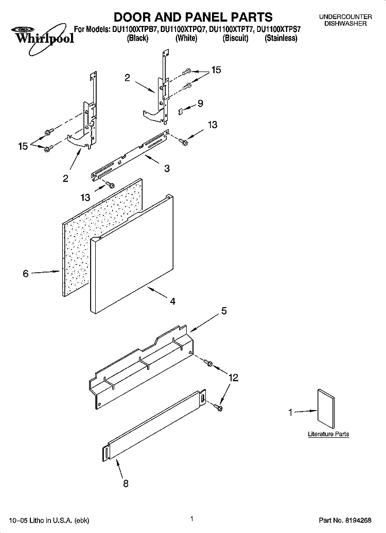 DOOR AND PANEL PARTS Diagram and Parts List for DU1100XTPB7  Whirlpool Dishwasher
