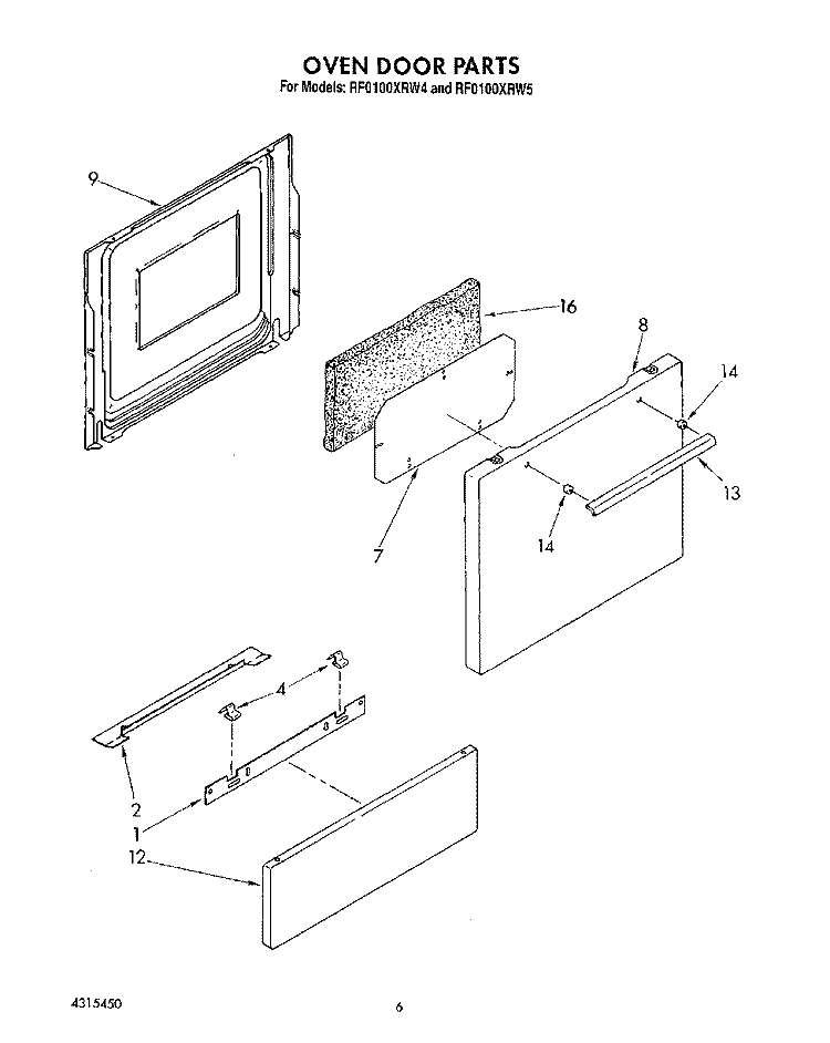 OVEN DOOR Diagram and Parts List for RF0100XRW4  Whirlpool Range