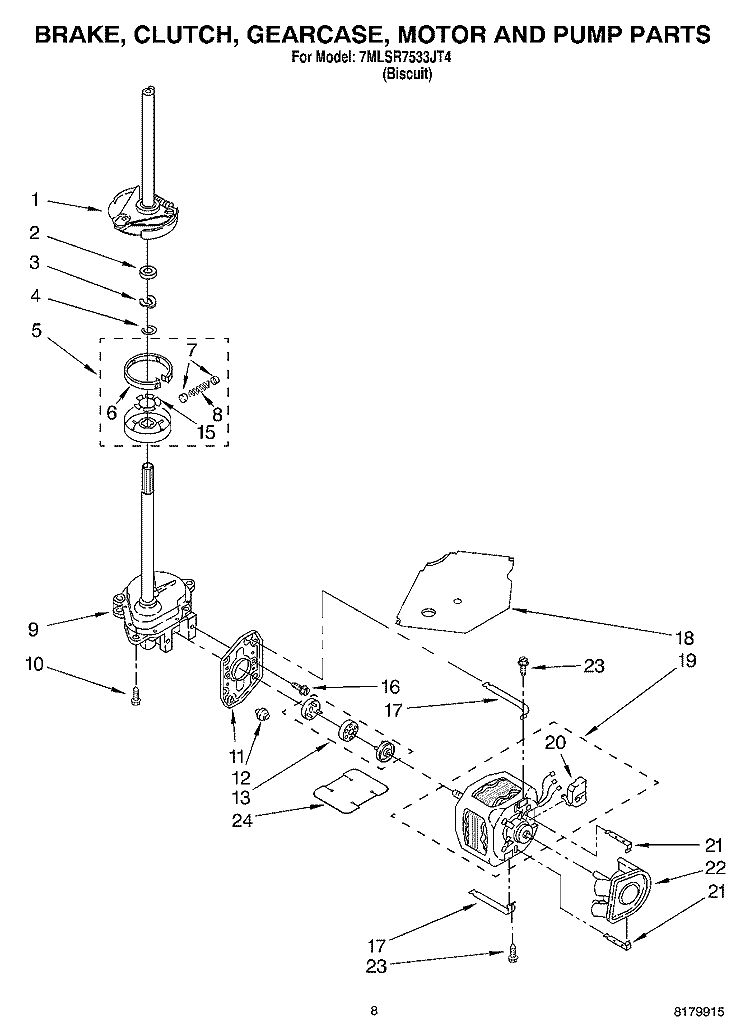 BRAKE, CLUTCH, GEARCASE, MOTOR & PUMP Diagram and Parts List for 7MLSR7533JT4  Whirlpool Washer