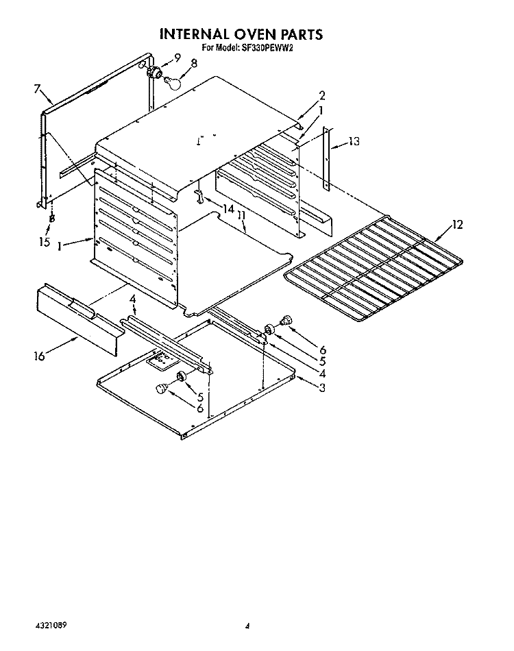 INTERNAL OVEN Diagram and Parts List for SF330PEWW2  Whirlpool Range