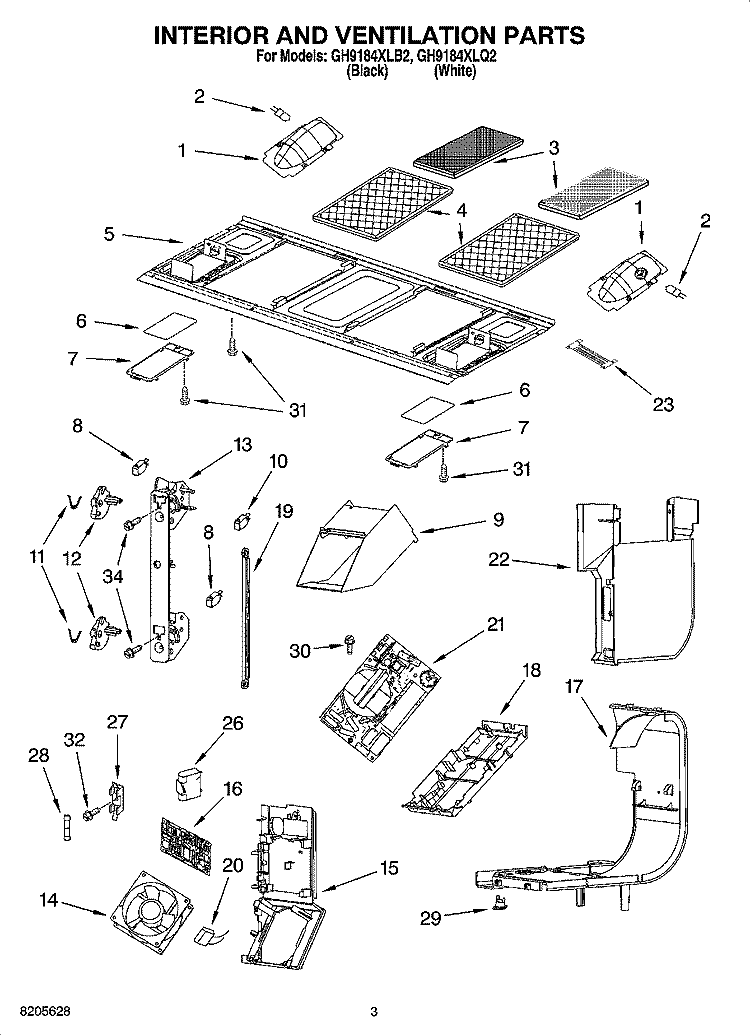 INTERIOR AND VENTILATION PARTS Diagram and Parts List for GH9184XLB2  Whirlpool Microwave