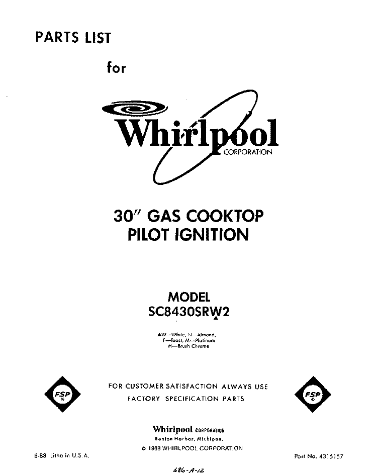 SECTION Diagram and Parts List for SC8430SRW2  Whirlpool Cooktop