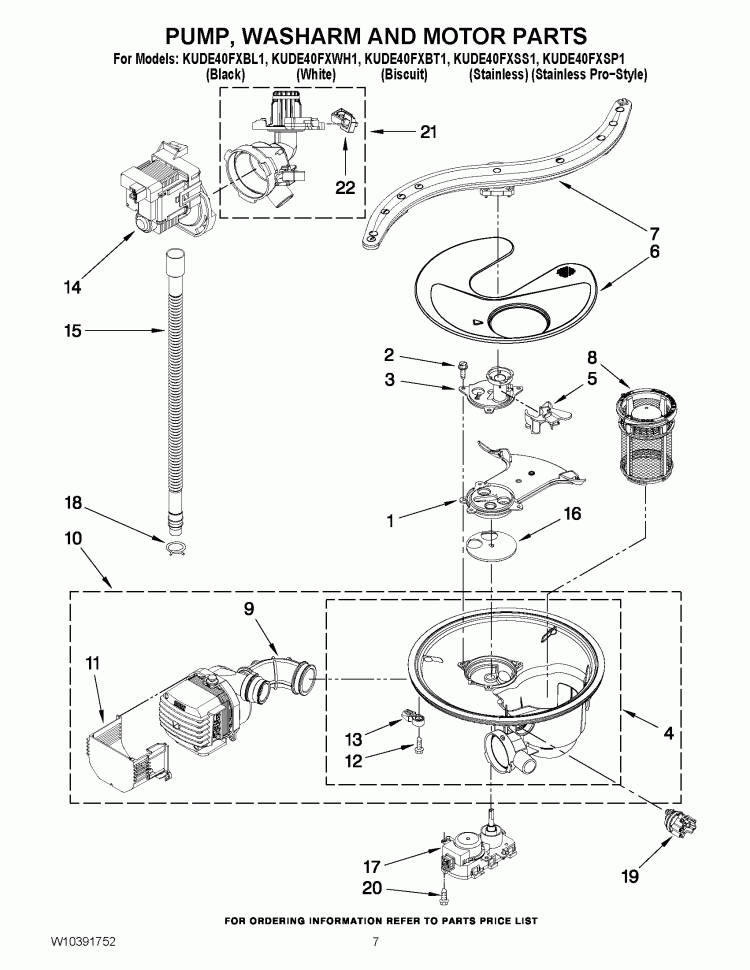 PUMP, WASHARM AND MOTOR PARTS Diagram and Parts List for KUDE40FXWH1  KitchenAid Dishwasher