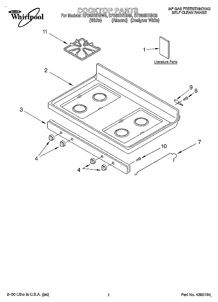 COOKTOP, LITERATURE Diagram and Parts List for SF362BEGN5  Whirlpool Range