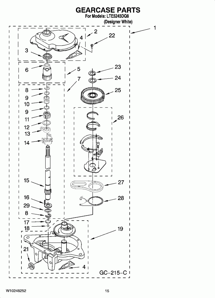 GEARCASE PARTS Diagram and Parts List for LTE5243DQ8  Whirlpool Washer Dryer Combo