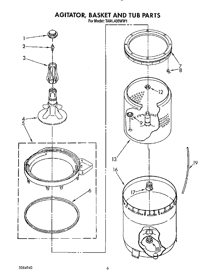 AGITATOR, BASKET AND TUB Diagram and Parts List for TAWL400WW1  Estate Washer
