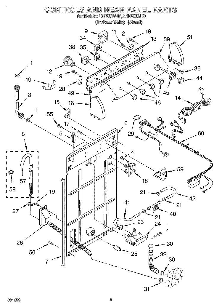 CONTROLS AND REAR PANEL Diagram and Parts List for LSN2000JQ0  Whirlpool Washer