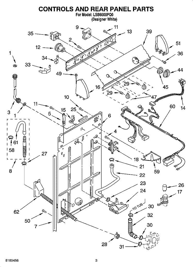 CONTROLS AND REAR PANEL PARTS Diagram and Parts List for LSB6000PQ0  Whirlpool Washer