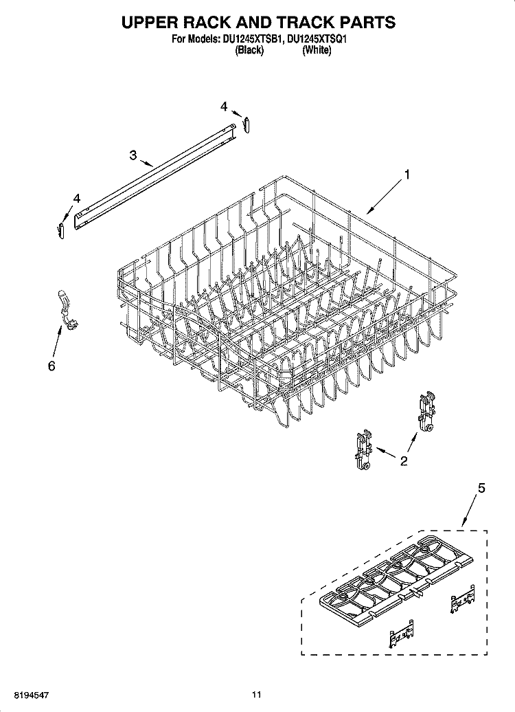 UPPER RACK AND TRACK PARTS Diagram and Parts List for DU1245XTSB1  Whirlpool Dishwasher