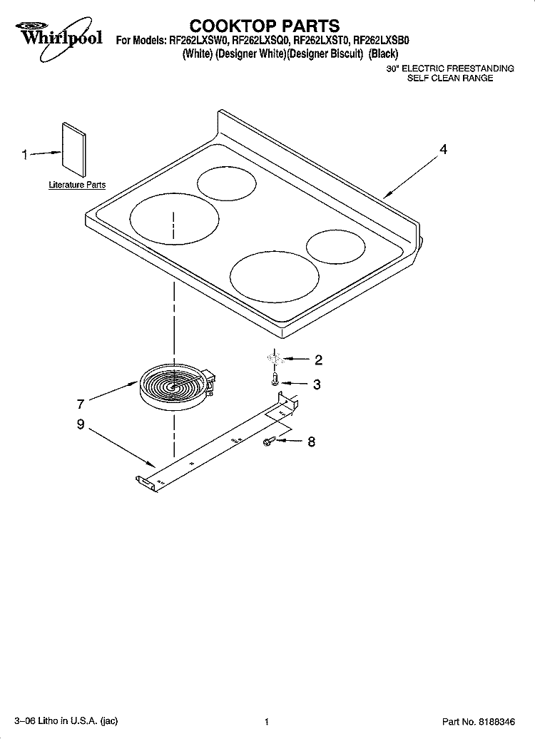 COOKTOP PARTS Diagram and Parts List for RF262LXSB0  Whirlpool Range