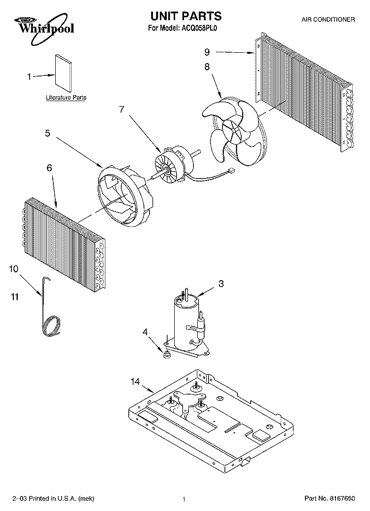 UNIT PARTS Diagram and Parts List for ACQ058PL0  Whirlpool Air Conditioner