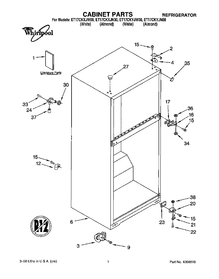 CABINET, LITERATURE Diagram and Parts List for ET17CKYJW00  Whirlpool Refrigerator