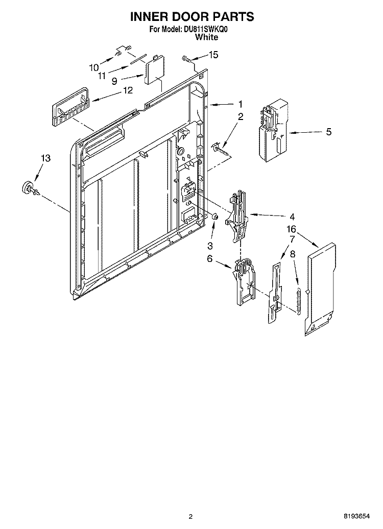INNER DOOR Diagram and Parts List for DU811SWKQ0  Whirlpool Dishwasher