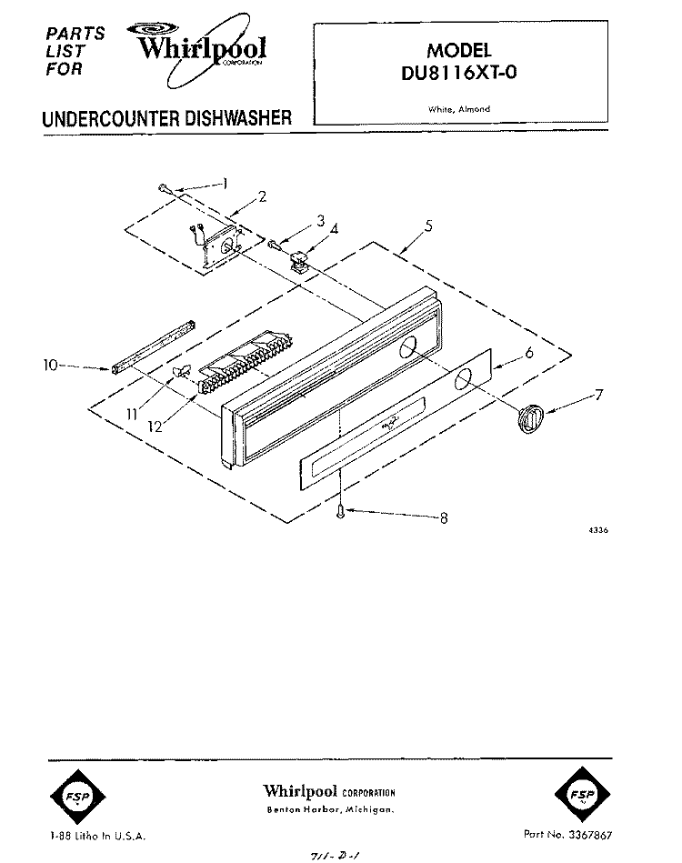 CONSOLE Diagram and Parts List for DU8116XT0  Whirlpool Dishwasher
