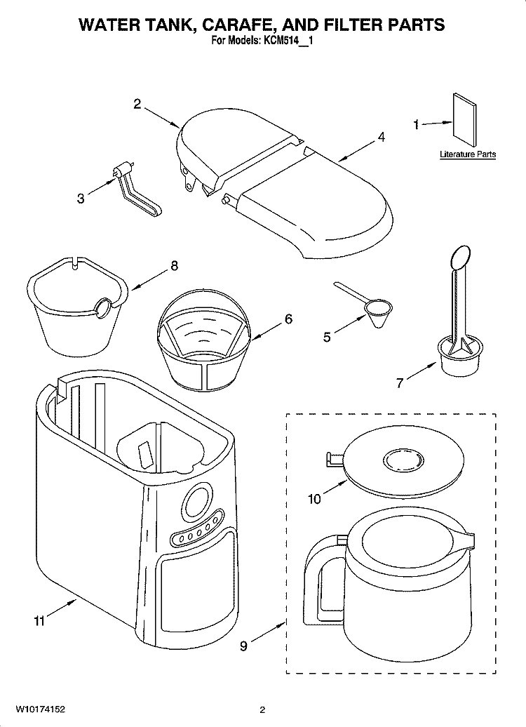 WATER TANK, CARAFE, AND FILTER PARTS Diagram and Parts List for KCM514BU1  KitchenAid Coffee Maker