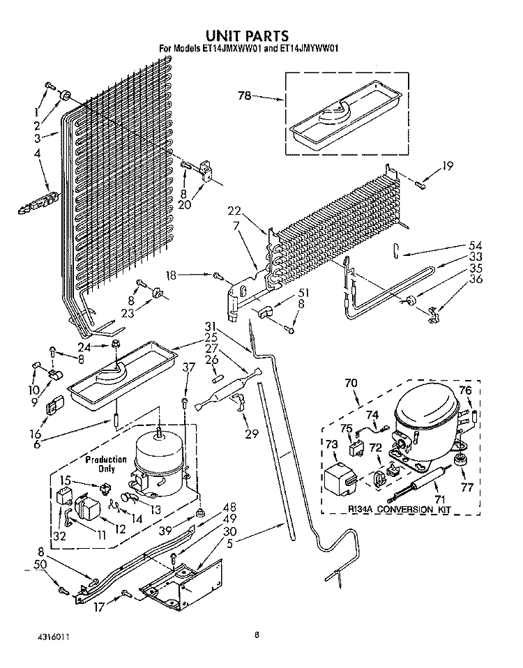 UNIT Diagram and Parts List for ET14JMXWW01  Whirlpool Refrigerator