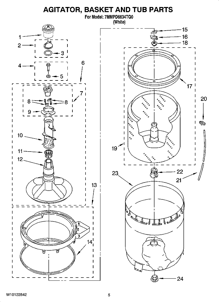 AGITATOR, BASKET AND TUB PARTS Diagram and Parts List for 7MMPD6634TQ0  Whirlpool Washer