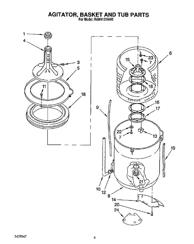 AGITATOR, BASKET AND TUB Diagram and Parts List for RAM4131AW0  Whirlpool Washer