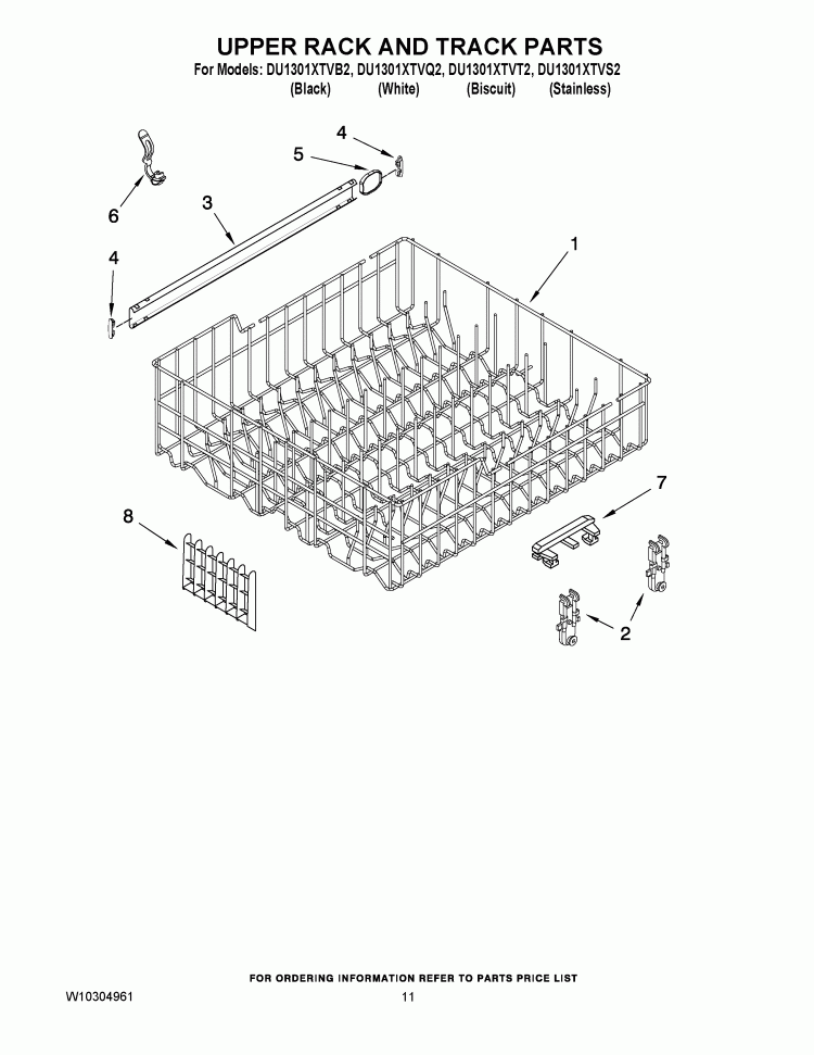 UPPER RACK AND TRACK PARTS Diagram and Parts List for DU1301XTVT2  Whirlpool Dishwasher