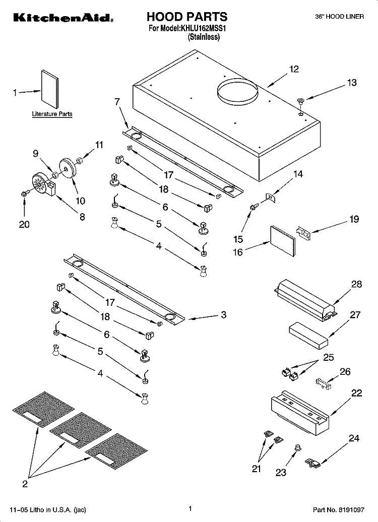 HOOD PARTS Diagram and Parts List for KHLU162MSS1  KitchenAid Range Hood