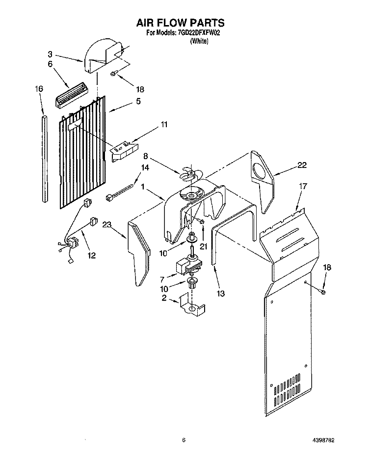 AIR FLOW Diagram and Parts List for 7GD22DFXFW02  Whirlpool Refrigerator