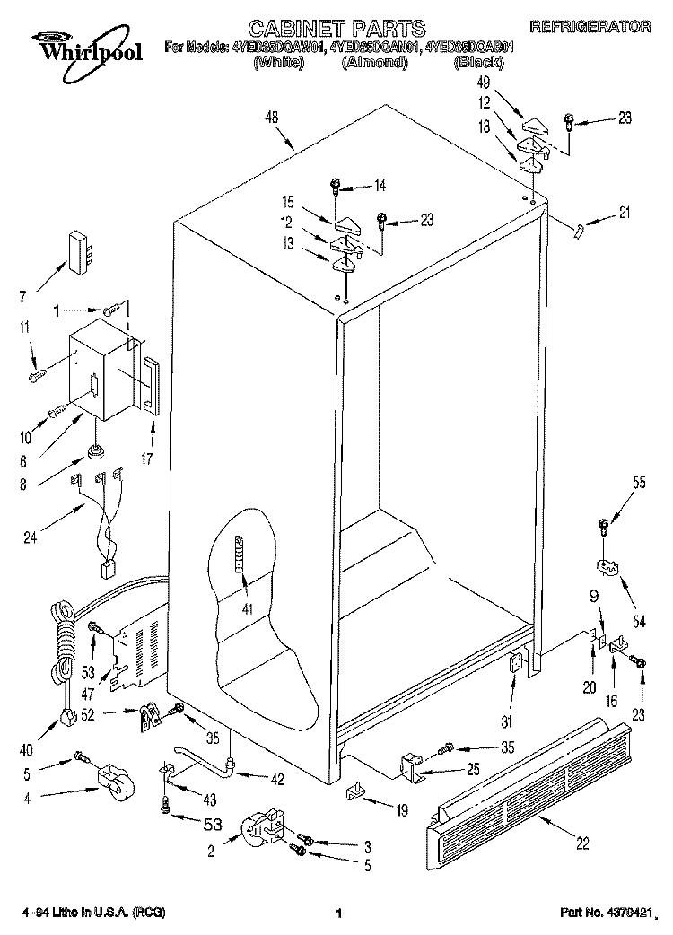 CABINET Diagram and Parts List for 4YED25DQAB01  Whirlpool Refrigerator