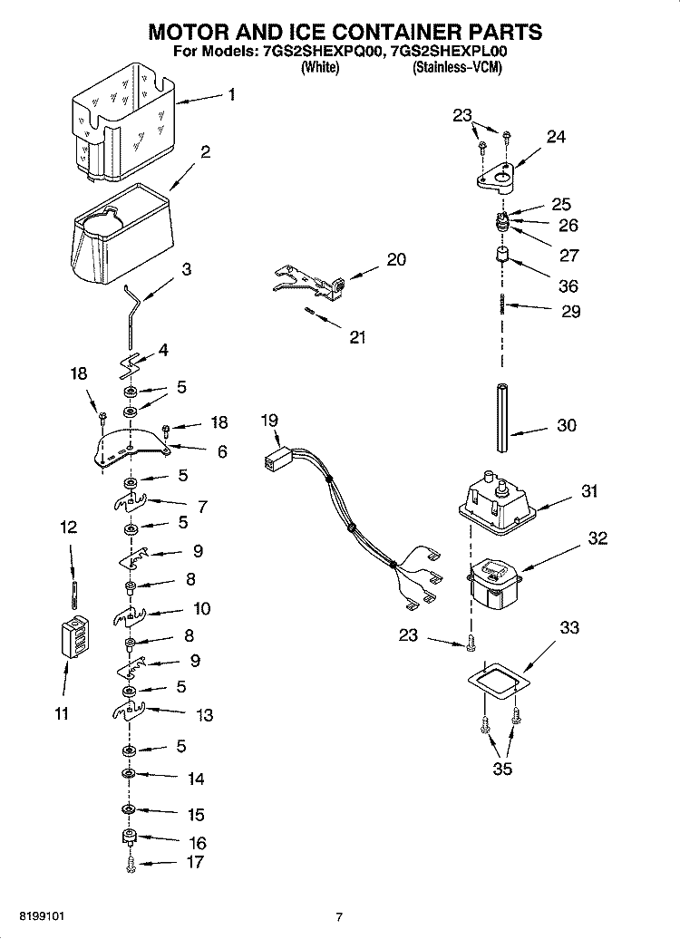 MOTOR AND ICE CONTAINER PARTS Diagram and Parts List for 7GS2SHEXPQ00  Whirlpool Refrigerator