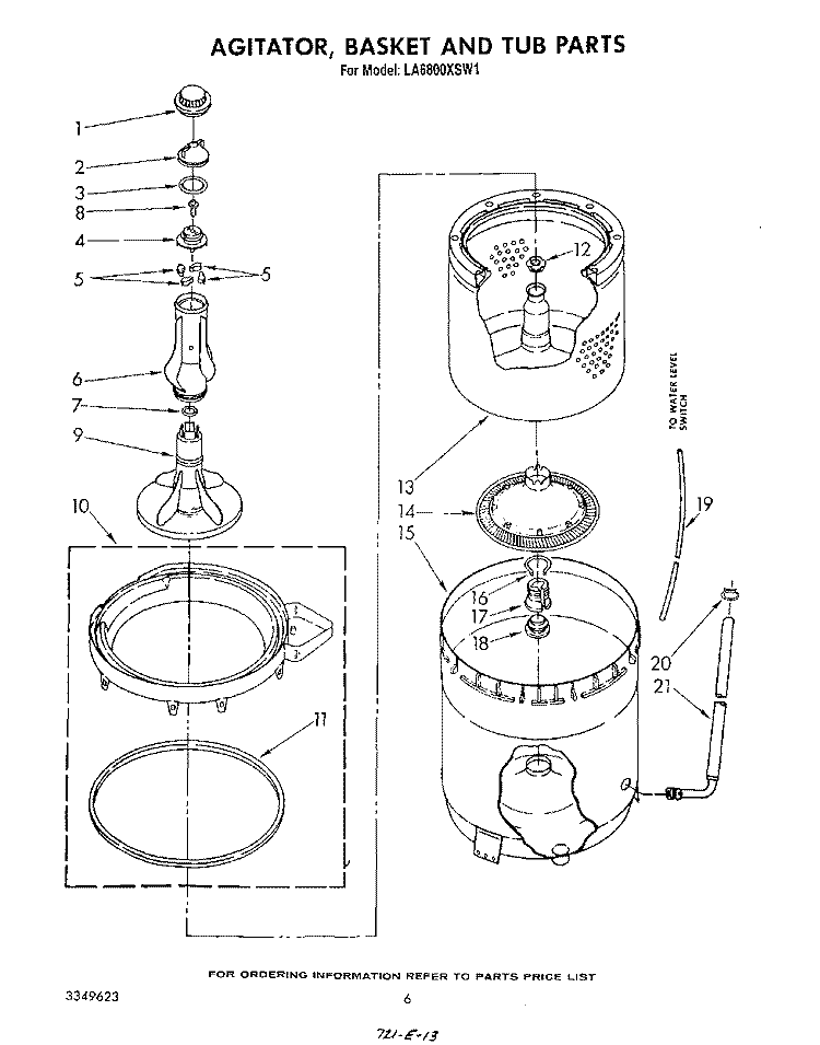 AGITATOR, BASKET AND TUB Diagram and Parts List for LA6800XSN1  Whirlpool Washer