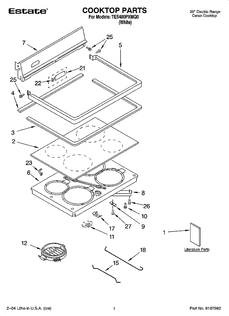 COOKTOP PARTS Diagram and Parts List for TES400PXMQ0  Estate Range