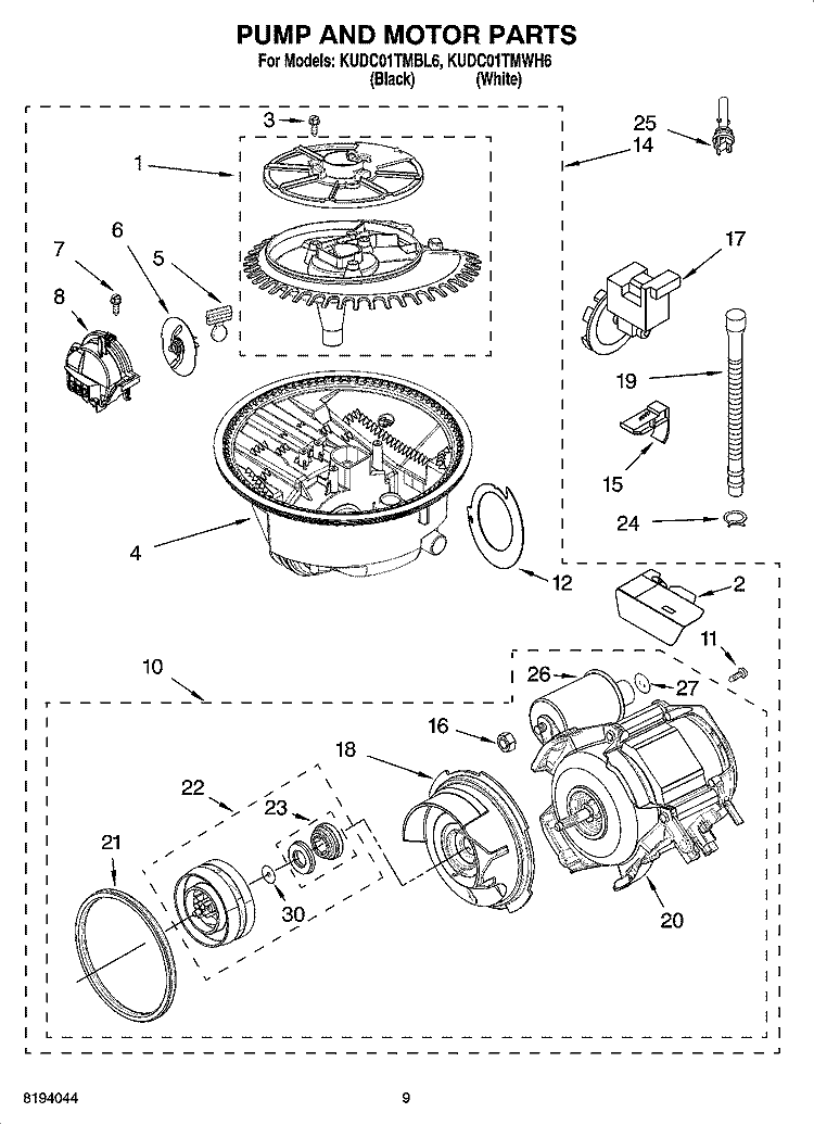 PUMP AND MOTOR PARTS Diagram and Parts List for KUDC01TMBL6  KitchenAid Dishwasher