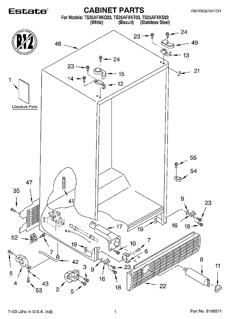 CABINET PARTS Diagram and Parts List for TS25AFXKS03  Estate Refrigerator