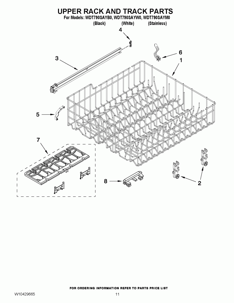 UPPER RACK AND TRACK PARTS Diagram and Parts List for WDT790SAYB0  Whirlpool Dishwasher