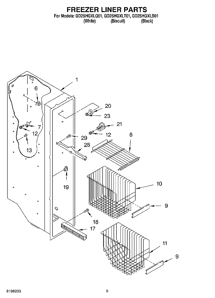 FREEZER LINER Diagram and Parts List for GD2SHGXLQ01  Whirlpool Refrigerator