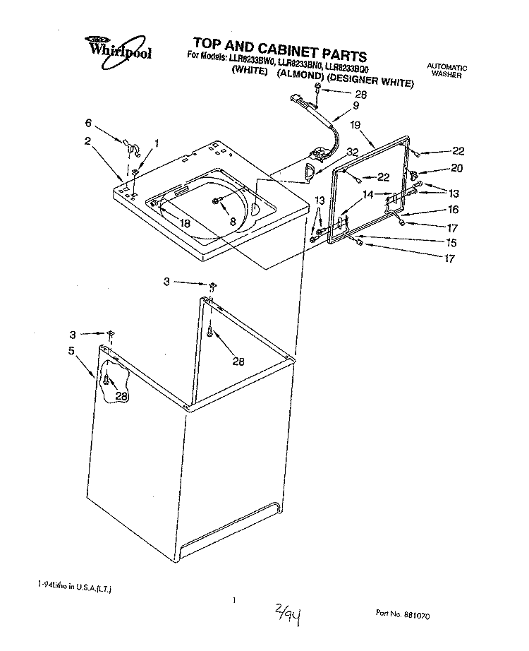TOP AND CABINET, LIT/OPTIONAL Diagram and Parts List for LLR8233BN0  Whirlpool Washer