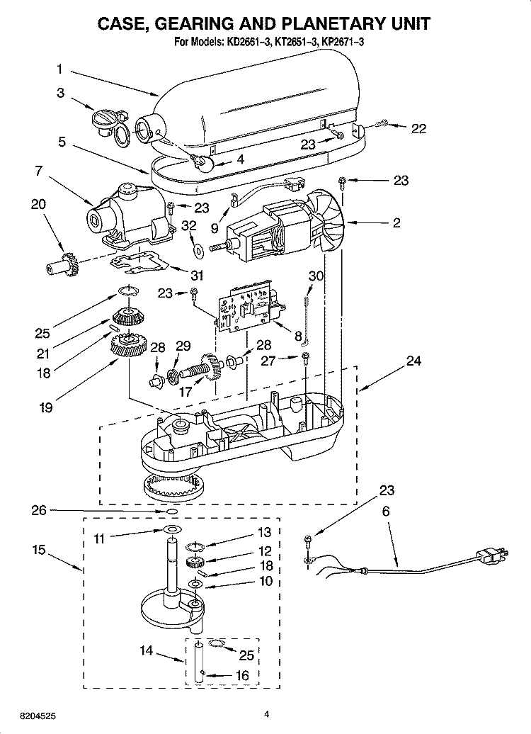 CASE, GEARING AND PLANETARY UNIT Diagram and Parts List for KD2661-3  KitchenAid Mixer